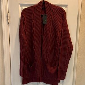 Woman’s Cable Knit Cardigan Sweater - Deep Red